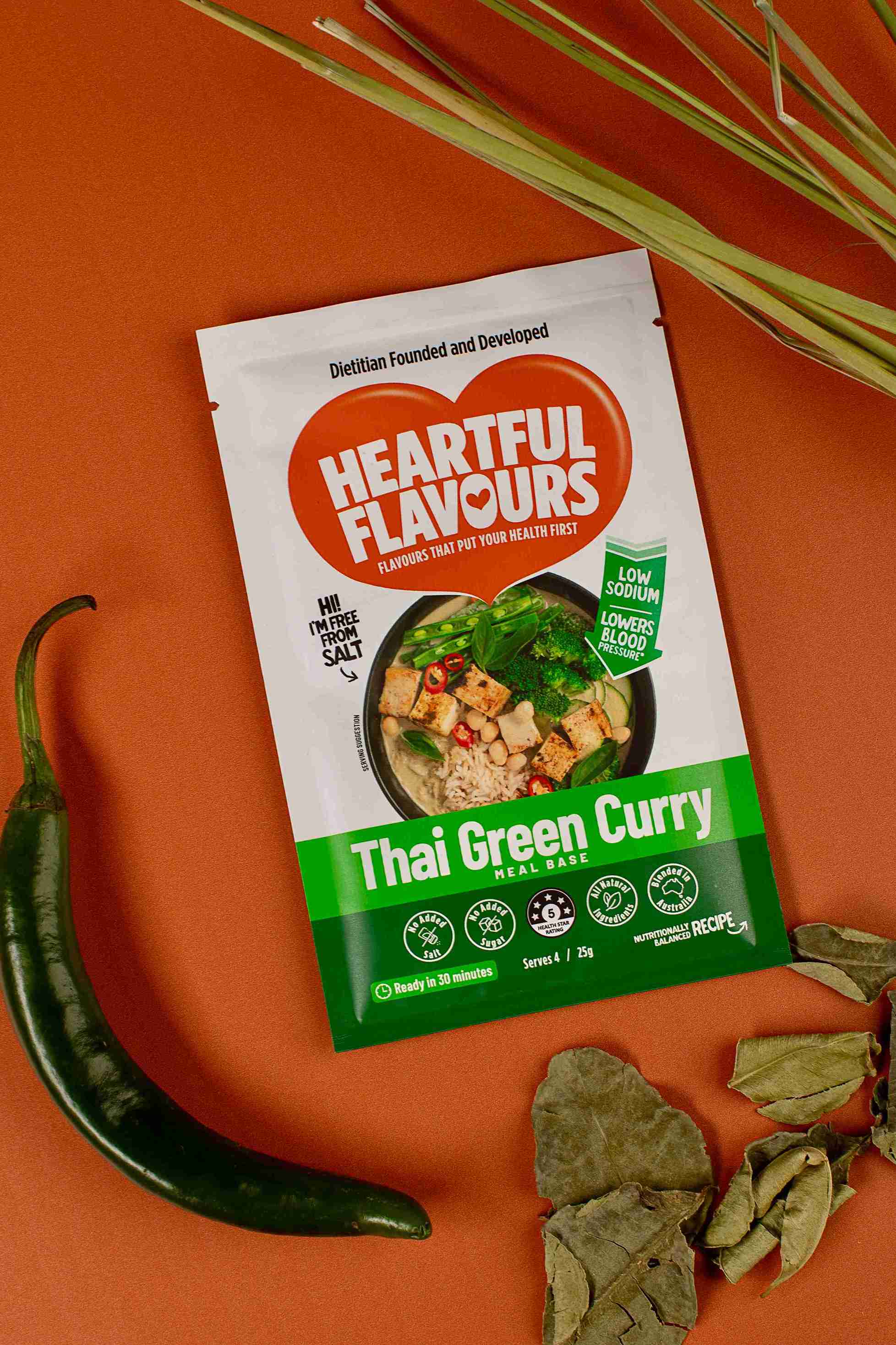 Heartful Flavours Thai_Green Curry Product Shot with green curry herbs and spices